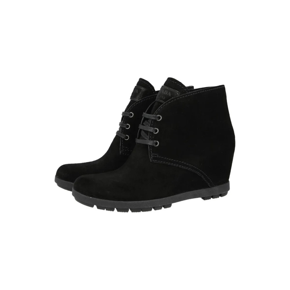 PRADA Half Boot Wedge Lace Booties 3TZ037 Black Suede IT 40.5 US 10-10.5 Shoes
